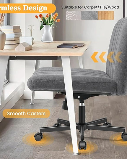 Armless Office Chair with Wheels, Ergonomic Wide Seat Fabric Cross Legged Desk Chair, Swivel Computer Chair for Home Office, Modern Vanity Chair Dark Gray - LeafyLoom