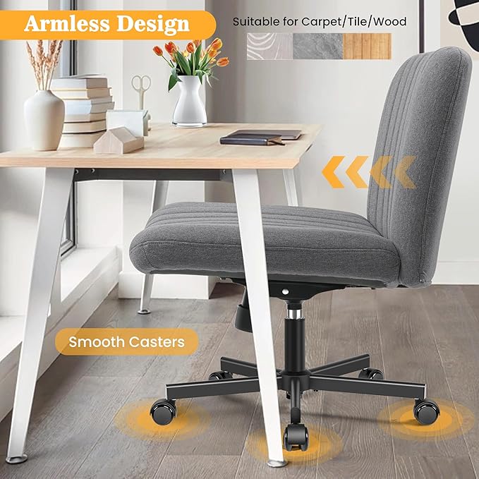 Armless Office Chair with Wheels, Ergonomic Wide Seat Fabric Cross Legged Desk Chair, Swivel Computer Chair for Home Office, Modern Vanity Chair Dark Gray - LeafyLoom