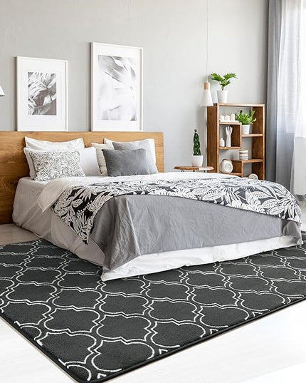 Chicrug Shag Geometric Modern Area Rug for Bedroom, 6x9 Feet Memory Foam Indoor Carpet, Fluffy Rug for Living room Bedside Room Decor for Family Girls Kids Nursery Play Mat, Dark Grey/White - LeafyLoom