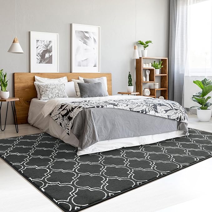 Chicrug Shag Geometric Modern Area Rug for Bedroom, 6x9 Feet Memory Foam Indoor Carpet, Fluffy Rug for Living room Bedside Room Decor for Family Girls Kids Nursery Play Mat, Dark Grey/White - LeafyLoom