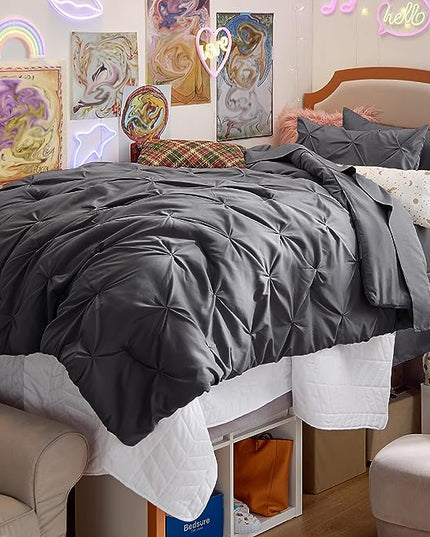 Bedsure Twin XL Comforter Set for Boys - Extra Long 5 Pieces Dorm Bedding Sets, Pinch Pleat Dark Grey Bed in a Bag with Comforter, Sheets, Pillowcase & Sham - LeafyLoom