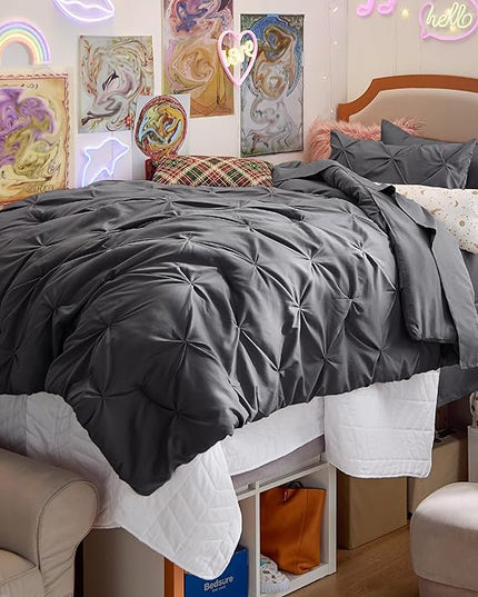 Bedsure Twin XL Comforter Set for Boys - Extra Long 5 Pieces Dorm Bedding Sets, Pinch Pleat Dark Grey Bed in a Bag with Comforter, Sheets, Pillowcase & Sham - LeafyLoom