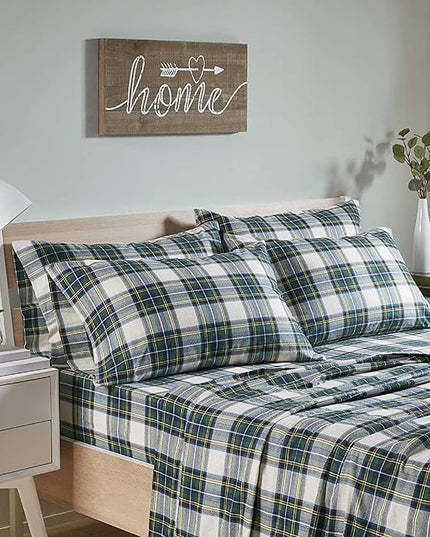 Comfort Spaces Cotton Flannel Breathable Warm Deep Pocket Sheets with Pillow Case Bedding, Queen, Green Plaid Scottish Plaid 4 Piece - LeafyLoom