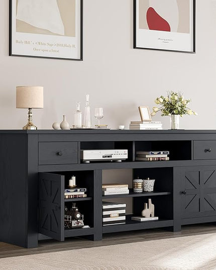 YITAHOME Farmhouse TV Stand, Entertainment Center with Power Outlet for TVs Up to 80 Inch, TV Console with Storage Drawer & Movable Partition, Rustic TV Stand for Living Room, 70" Black - LeafyLoom