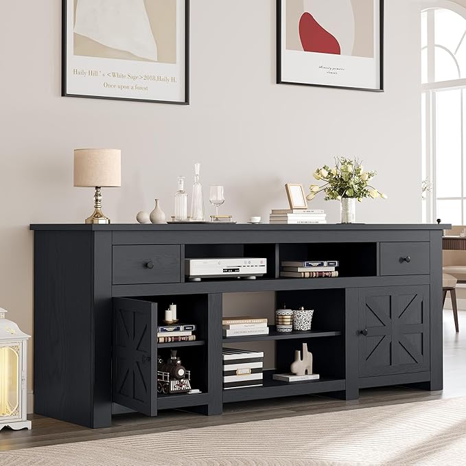 YITAHOME Farmhouse TV Stand, Entertainment Center with Power Outlet for TVs Up to 80 Inch, TV Console with Storage Drawer & Movable Partition, Rustic TV Stand for Living Room, 70" Black - LeafyLoom