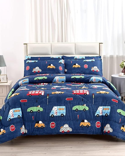 MAG 3Pcs Cartoon Car Comforter Set, Blue Cute Base Full Bedding Comforter Set,for Toddlers Kids,Boys Teens and Girls,Super Soft Microfiber, Full Size - LeafyLoom