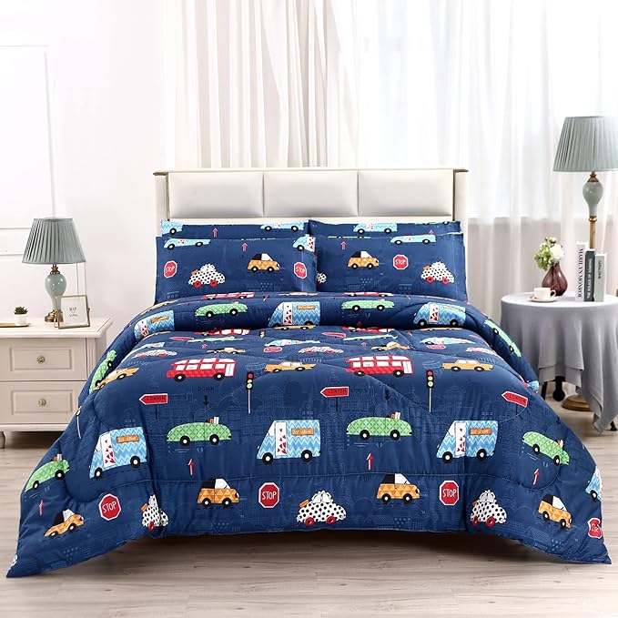 MAG 3Pcs Cartoon Car Bedding Comforter Set, Blue Cute Base Twin Comforter Set,for Toddlers Kids,Boys Teens and Girls,Super Soft Microfiber, Twin Size - LeafyLoom