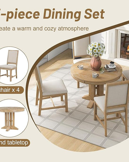 Farmhouse 5-Piece Dining Set, Included Retro Extendable Round Table with X-Shape Base and 4 Upholstered Chairs, Solid Wood Adjustable Dinette Furniture for Kitchen Living Room, Natural - LeafyLoom