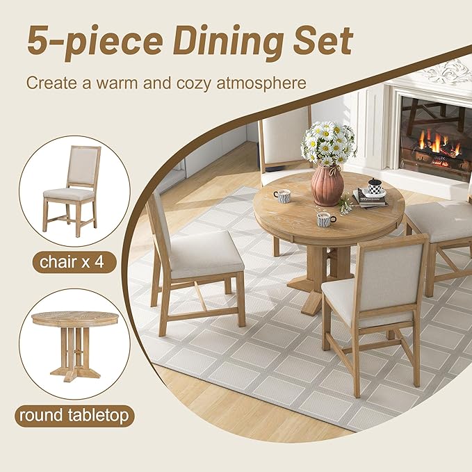Farmhouse 5-Piece Dining Set, Included Retro Extendable Round Table with X-Shape Base and 4 Upholstered Chairs, Solid Wood Adjustable Dinette Furniture for Kitchen Living Room, Natural - LeafyLoom