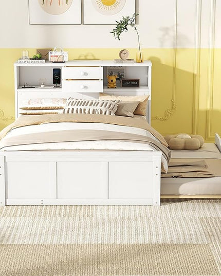 Full Size Wood Pltaform Trundle and 3 Drawers/Upper Shelves,Multifunctional Storage Bed Frame,W/a Set of USB Ports & Sockets,for Apartment,Bedroom,Living Room,White - LeafyLoom