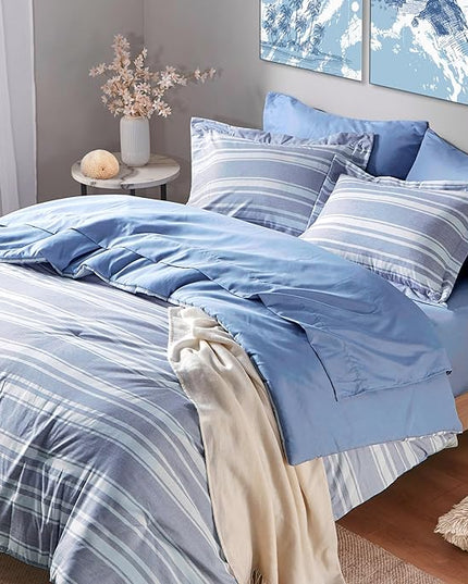 Queen Size Comforter Sets with Sheets, Modern Blue and White Striped Bed in a Bag, 7-Piece Complete Bedding Set Including Reversible Comforter, 2 Sheets, Pillowcases & Shams - LeafyLoom