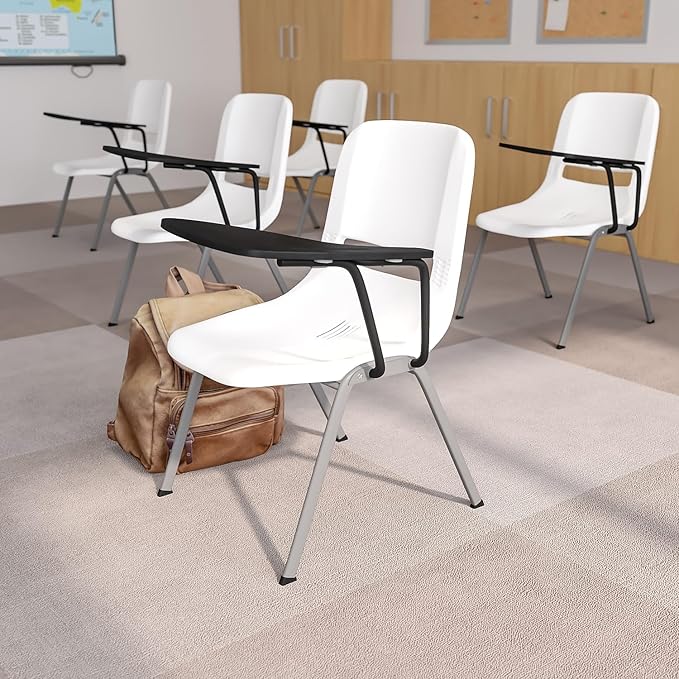 Flash Furniture White Ergonomic Shell Chair with Left Handed Flip-Up Tablet Arm - LeafyLoom