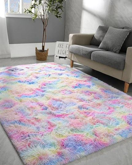 5x8 Large Area Rugs for Living Room, Super Soft Fluffy Modern Bedroom Rug, Tie-Dyed Rainbow Indoor Shag Fuzzy Carpets for Girls Kids Nursery Room Home Decor - LeafyLoom
