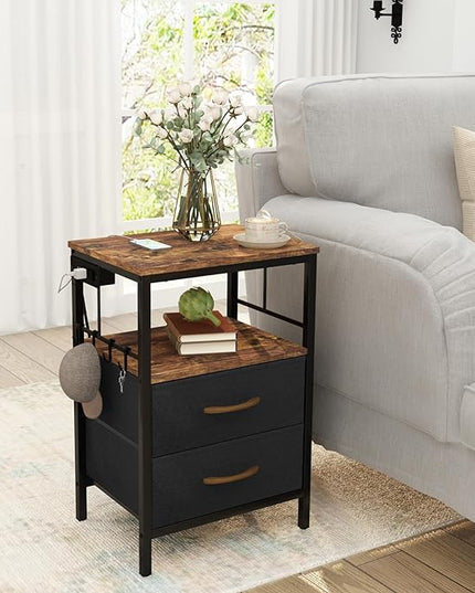 Nightstand with Charging Station, Side Table with Fabric Drawers and Open Shelf, Night Stand for Bedroom Decor, Bedside Table with USB Ports & Outlets (Rustic Brown,1) - LeafyLoom