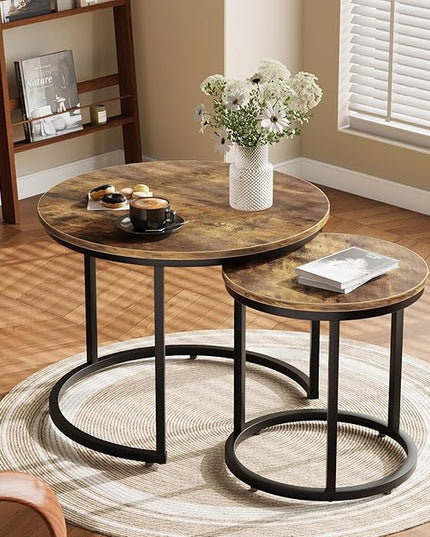 Nesting Coffee Table Set of 2, 23.6" Round Coffee Table Rustic Wood Top with Adjustable Non-Slip Feet, Industrial End Table Side Tables for Living Room Bedroom Balcony Yard - LeafyLoom