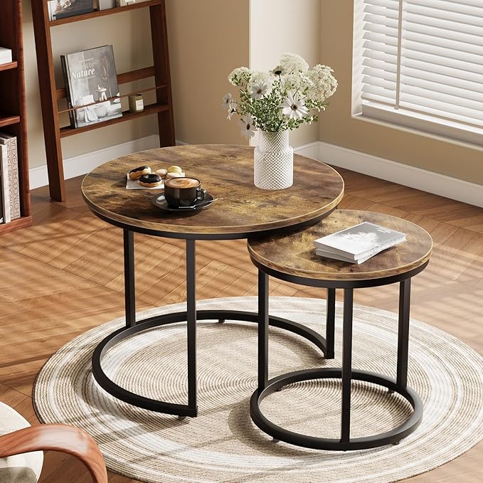 Nesting Coffee Table Set of 2, 23.6" Round Coffee Table Rustic Wood Top with Adjustable Non-Slip Feet, Industrial End Table Side Tables for Living Room Bedroom Balcony Yard - LeafyLoom