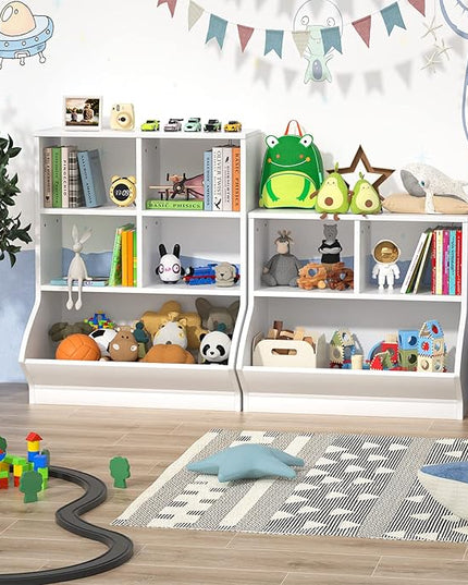 Aheaplus Toy Storage Organizer with Bookcase, 5 Cubby Bookshelf Toy Storage Cabinet, Open Multi-Bins Toys&Books Storage Display Organizer for Playroom, Bedroom, Nursery, School, White - LeafyLoom