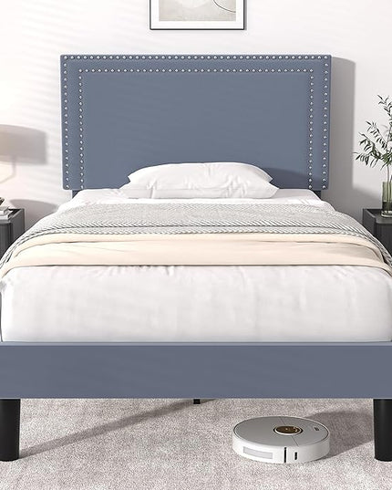 VECELO Twin Size Platform Bed Frame with Adjustable Upholstered Headboard, Modern Mattress Foundation, Strong Wood Slat Support, No Box Spring Needed, Easy Assembly - LeafyLoom