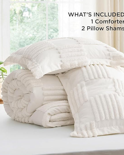 Bedsure Queen Comforter Set Cream White, Boho Tufted Bedding Comforter Set, Grande Checkered Farmhouse Shabby Chic Bed Set, 3 Pieces, 1 Plaid Geometric Comforter and 2 Pillow Shams - LeafyLoom