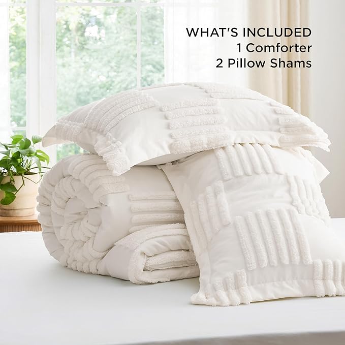 Bedsure Queen Comforter Set Cream White, Boho Tufted Bedding Comforter Set, Grande Checkered Farmhouse Shabby Chic Bed Set, 3 Pieces, 1 Plaid Geometric Comforter and 2 Pillow Shams - LeafyLoom