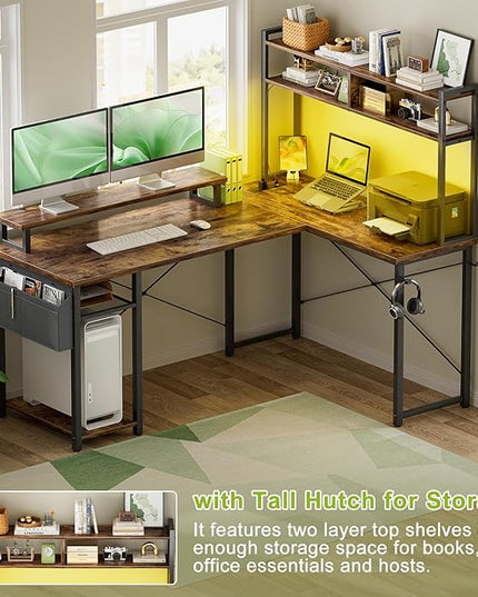 Small L Shaped Gaming Desk with Power Outlets, 48" Reversible L Shaped LED Computer Desk with Monitor Stand & Storage Shelf, Corner Gamer Desk Home Office Desk with Storage Bag, Rustic Brown - LeafyLoom