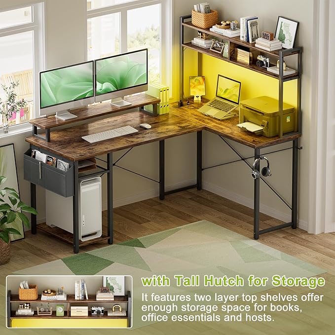 Small L Shaped Gaming Desk with Power Outlets, 48" Reversible L Shaped LED Computer Desk with Monitor Stand & Storage Shelf, Corner Gamer Desk Home Office Desk with Storage Bag, Rustic Brown - LeafyLoom