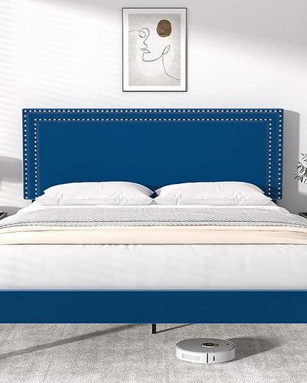 VECELO Full Size Platform Bed Frame with Height Adjustable Upholstered Headboard, Modern Mattress Foundation,Strong Wood Slat Support, No Box Spring Needed, Easy Assembly - LeafyLoom