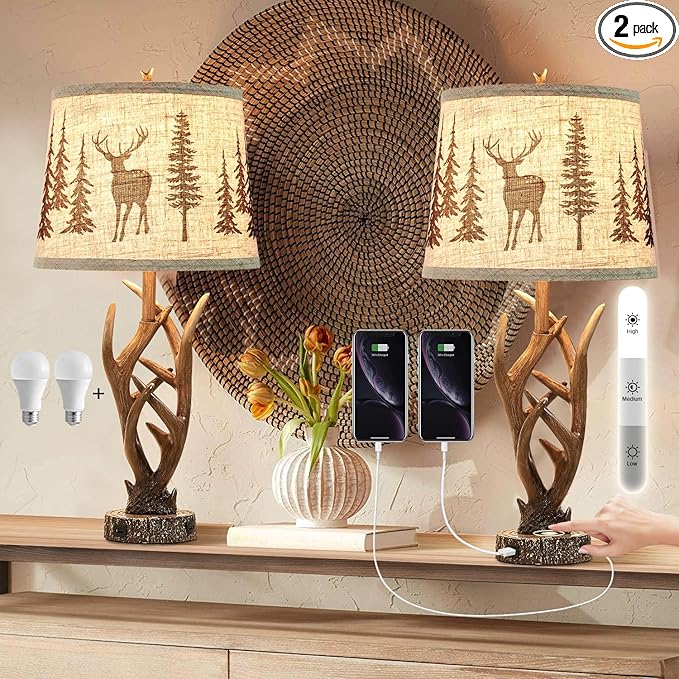 Dungoo 26" Touch Control Antler Table Lamps Set of 2, 3-Way Dimmable Rustic Lamp with 2 USB Ports, Natural Antler Lamp with Deer Forest Lampshade Farmhouse Lamps for Living Room Foyer - LeafyLoom