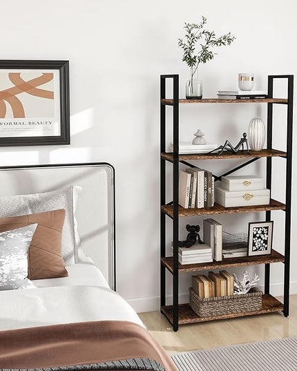 5 Tier Bookshelf Rustic Industrial Style, Storage Shelves, Metal Book Shelves Bookcase Book Shelf Display Shelf for Home Office, Living Room, Bedroom, Kitchen (31.5" W, Brown) - LeafyLoom