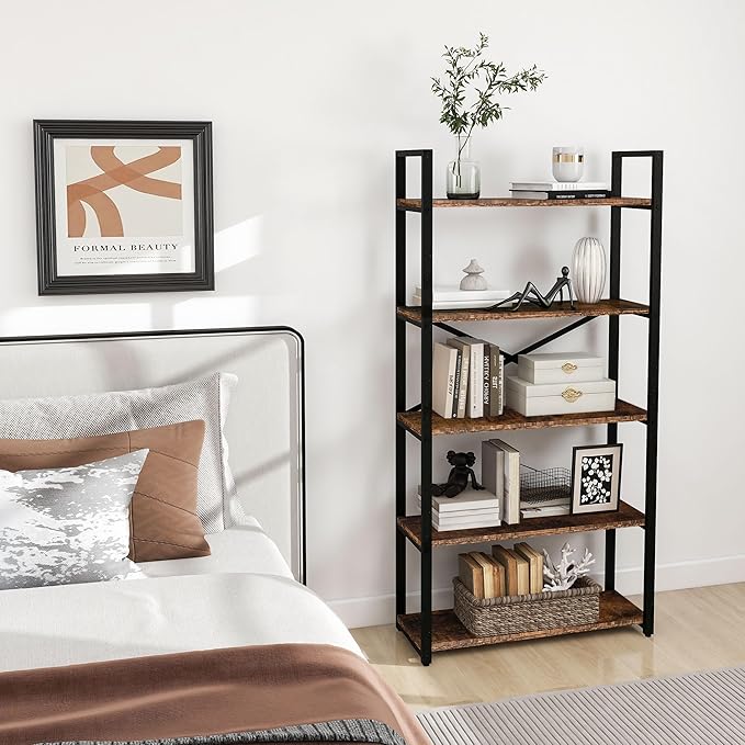 5 Tier Bookshelf Rustic Industrial Style, Storage Shelves, Metal Book Shelves Bookcase Book Shelf Display Shelf for Home Office, Living Room, Bedroom, Kitchen (31.5" W, Brown) - LeafyLoom
