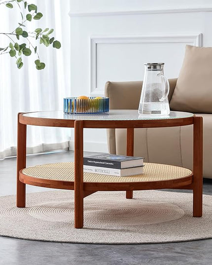 NicBex Dining Table Round Kitchen Table Contemporary Modern Minimalist Circular Double-Layer Solid Wood Coffee Table, Craft Glass Tabletop, Rattan, Solid Wood Frame, Walnut - LeafyLoom