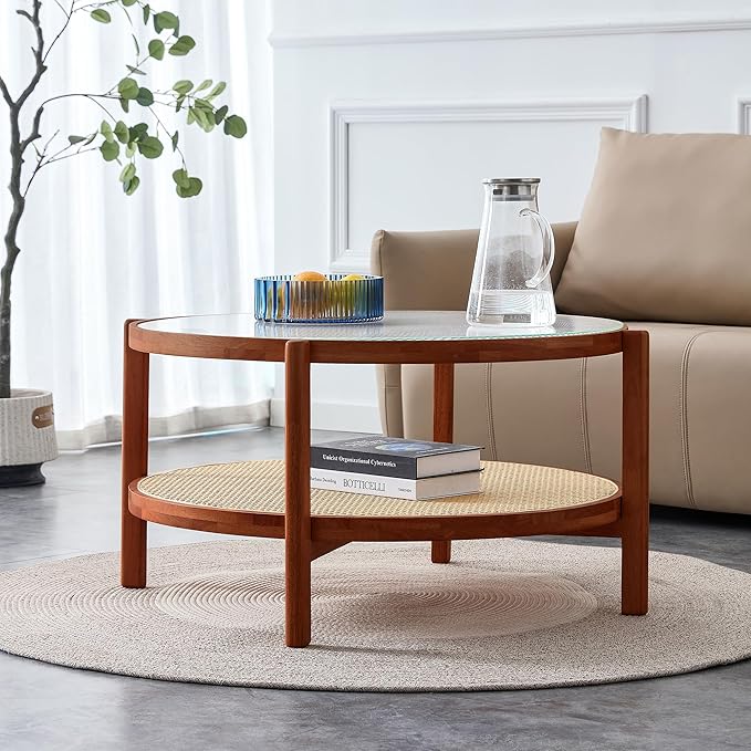 NicBex Dining Table Round Kitchen Table Contemporary Modern Minimalist Circular Double-Layer Solid Wood Coffee Table, Craft Glass Tabletop, Rattan, Solid Wood Frame, Walnut - LeafyLoom