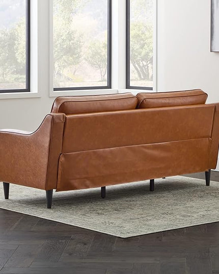 Edenbrook Jensen Upholstered Couch - Couches for Living Room - Camel Faux Leather Couch - Living Room Furniture - Small Couch - Seats Three - Scoop Arm Modern Couch - LeafyLoom
