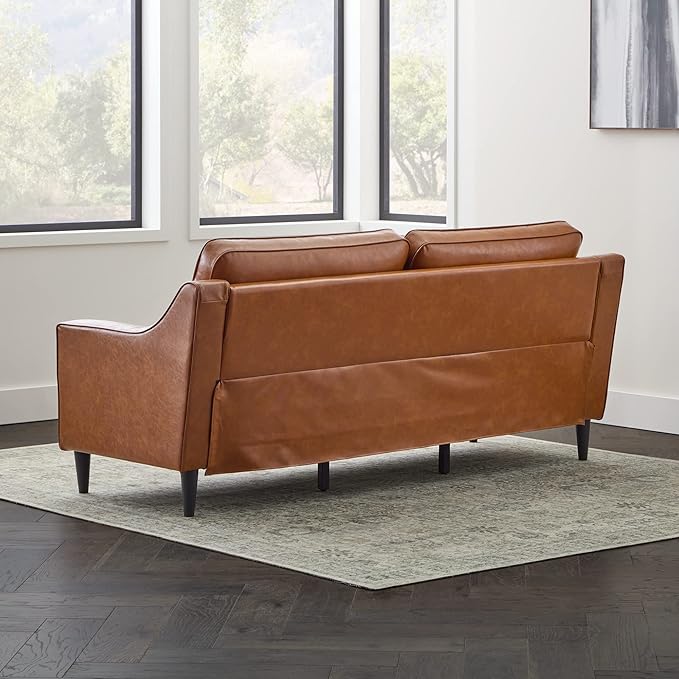 Edenbrook Jensen Upholstered Couch - Couches for Living Room - Camel Faux Leather Couch - Living Room Furniture - Small Couch - Seats Three - Scoop Arm Modern Couch - LeafyLoom