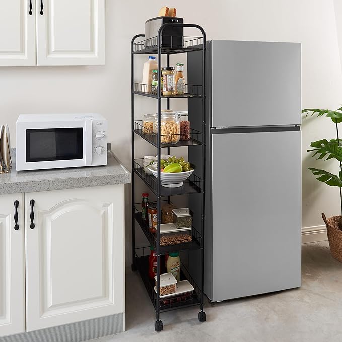 Slim Rolling Storage Cart, 6 Tier Utility Carts with Wheels and Baskets, Mobile Shelving Unit, Metal Wire Storage Shelving Rack with for Kitchen Bathroom Office Laundry Narrow Space - Black 10in - LeafyLoom