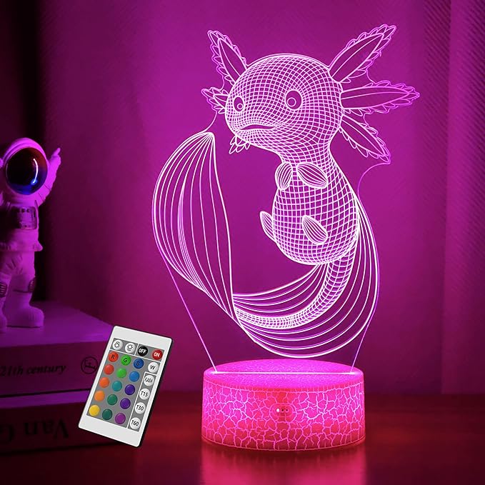 Axolotl Gifts, 3D Illusion Lamp, 3D Axolotl Night Light with Remote and Touch Control, Axolotl Decor for Kids Room, Girls Birthday Gamer Gaming Gifts - LeafyLoom