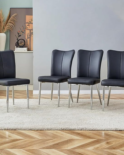 Modern Dining Chairs Set of 4, PU Leather Seat Cushions Black Dining Room Chair, with Silver Metal Legs Kitchen Chair for Home Living Room, Restaurant, Black Chair Silver Legs - LeafyLoom