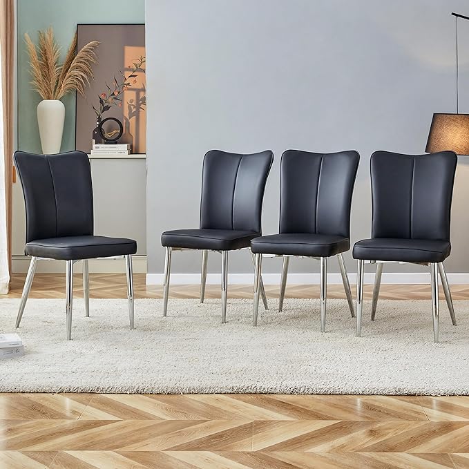 Modern Dining Chairs Set of 4, PU Leather Seat Cushions Black Dining Room Chair, with Silver Metal Legs Kitchen Chair for Home Living Room, Restaurant, Black Chair Silver Legs - LeafyLoom