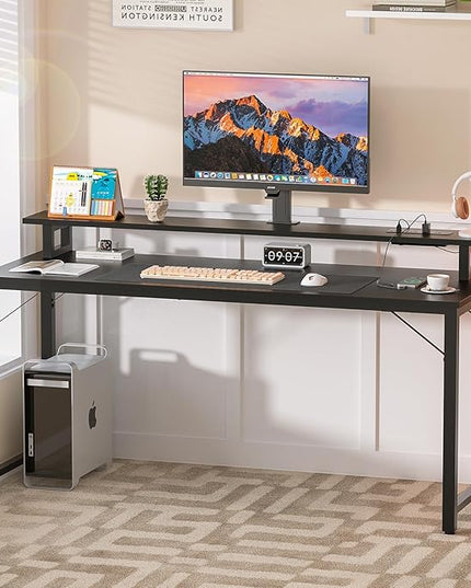 Computer Desk with USB Power Outlets and LED Lights,55 inch Gaming desk with Monitor Stand for Small Space Home Office, Modern Simple Study Writing Table PC Desks, Black - LeafyLoom