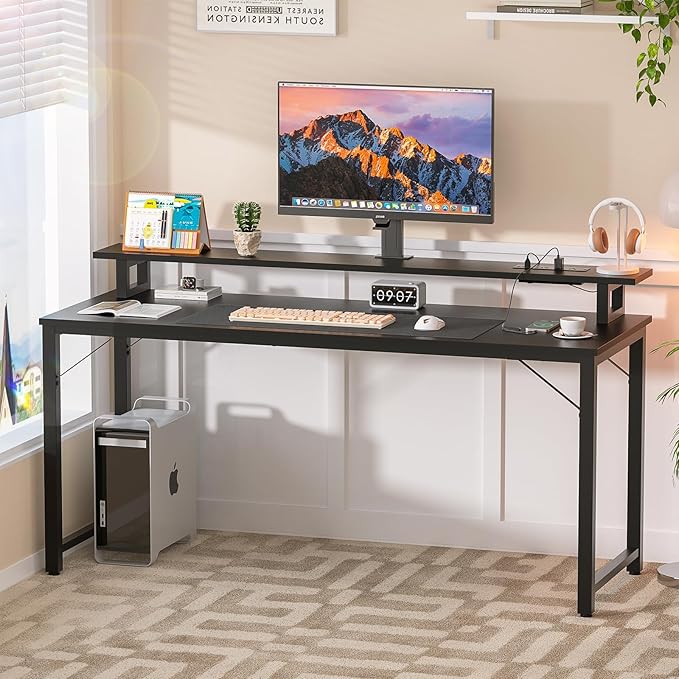 Computer Desk with USB Power Outlets and LED Lights,55 inch Gaming desk with Monitor Stand for Small Space Home Office, Modern Simple Study Writing Table PC Desks, Black - LeafyLoom
