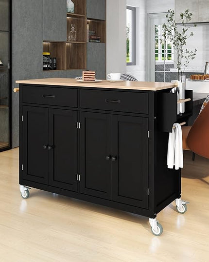 Solid Wood Top, Mobile Carts with Storage Cabinet, Rolling Kitchen Table w/Spice, Towel Rack, and Drawer, Portable Islands on Wheels, Black, 54.33 Inch - LeafyLoom
