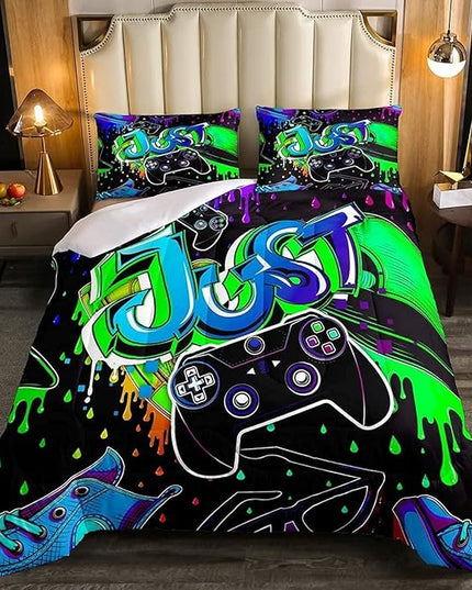 Erosebridal Boy Gaming Comforter Set King Size Gamepad Game Bedding Set Gamers Quilt Tie Dye Duvet Set for Kids Teens Hip Hop Quilt Set Cartoon Design Bedding, Colorful Comforter Set - LeafyLoom