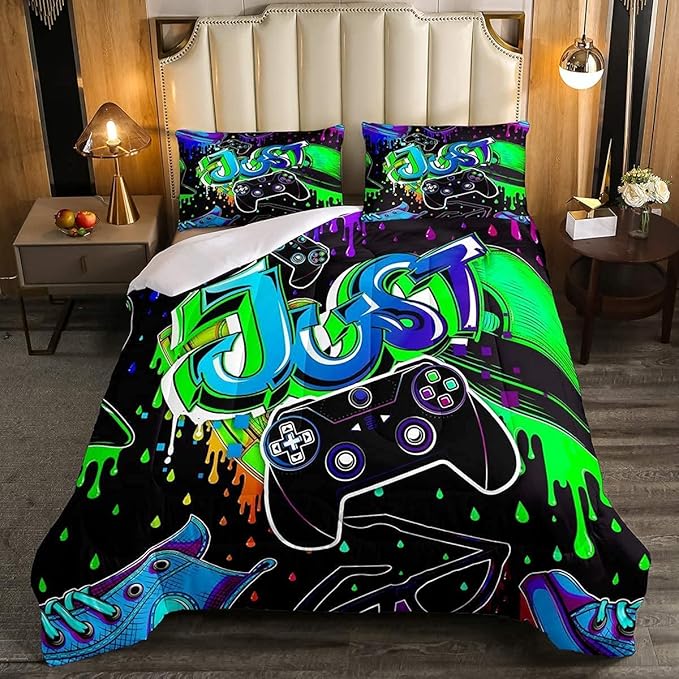 Erosebridal Boy Gaming Comforter Set King Size Gamepad Game Bedding Set Gamers Quilt Tie Dye Duvet Set for Kids Teens Hip Hop Quilt Set Cartoon Design Bedding, Colorful Comforter Set - LeafyLoom