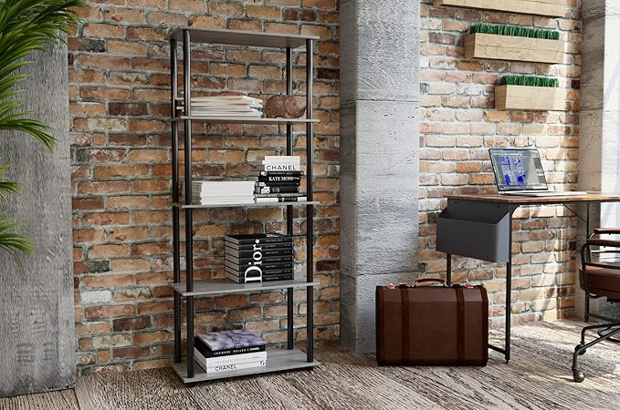 Furinno Turn-N-Tube 5-Tier Multipurpose Shelf / Display Rack / Storage Shelf / Bookshelf, Round Tubes, French Oak Grey/Black - LeafyLoom