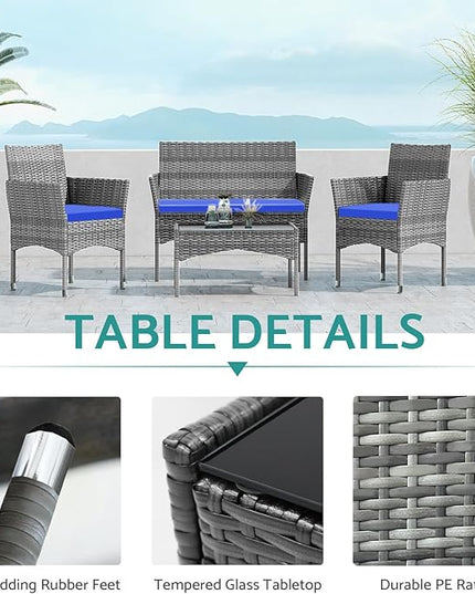 Patio Furniture, 4 Piece Conversation Set, Outdoor Wicker Rattan Table and Chairs, Sectional Sofa with Thick Cushion for Garden, Yard, or Porch, Light Grey - LeafyLoom