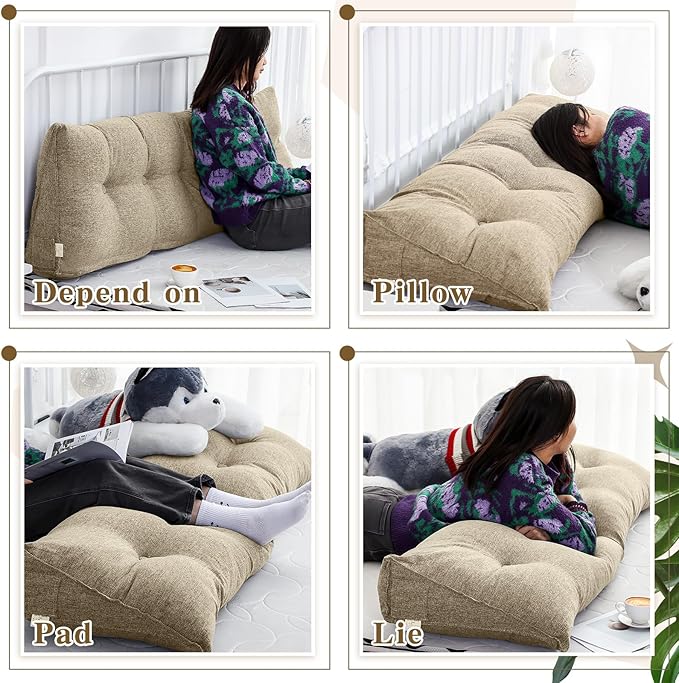 Headboard Wedge Pillow Triangular Bed Rest Reading Backrest Body Bolster Cushion Back Support Long Bolster Pillow for Bed Gifts with Removable Cover (Khaki Gray,Queen (59 x 20 x 8 Inch)) - LeafyLoom