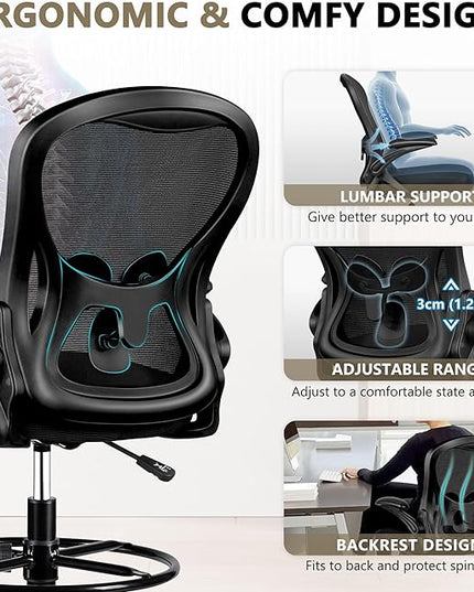 Drafting Chair, Tall Office Chair Ergonomic Standing Desk chair, Lumbar Support Computer Chair Swivel Task Rolling Chair with Adjustable Flip-up Armrests & Foot Ring (Black) - LeafyLoom