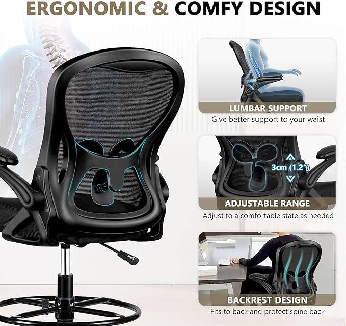 Drafting Chair, Tall Office Chair Ergonomic Standing Desk chair, Lumbar Support Computer Chair Swivel Task Rolling Chair with Adjustable Flip-up Armrests & Foot Ring (Black) - LeafyLoom