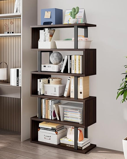 Bookshelf geometric bookcase S Shaped industrial bookshelf Storage Display Stand Shelf for Living Room Bedroom and office Room (Black, 5 Tier) - LeafyLoom