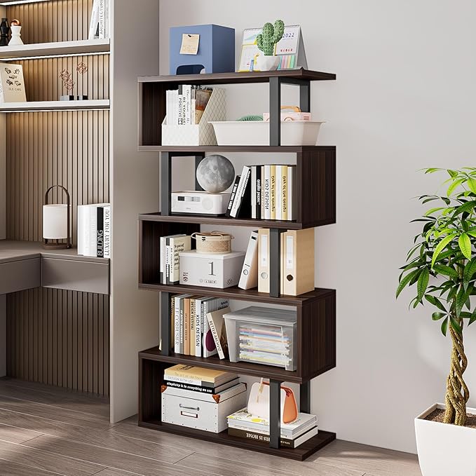 Bookshelf geometric bookcase S Shaped industrial bookshelf Storage Display Stand Shelf for Living Room Bedroom and office Room (Black, 5 Tier) - LeafyLoom
